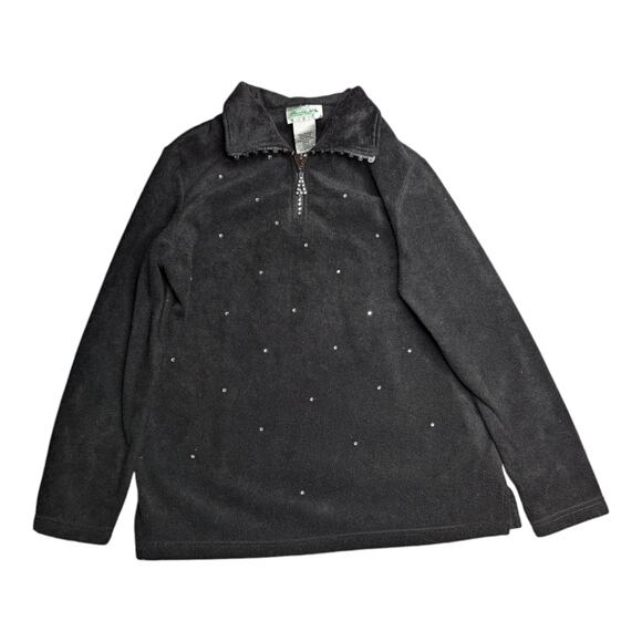 Vintage Tops - Vtg Y2K Quacker Factory Black Rhinestone Studded Quarter Zip Fleece Sweatshirt S